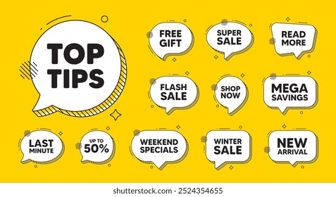 Offer speech bubble icons. Top tips tag. Education faq sign. Best help assistance. Top tips chat offer. Speech bubble discount banner. Text box balloon. Vector