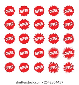 Offer sticker label set red sunburst badge design elements icon sale special offer tag promotional shopping red stickers. Flat vector illustration fully editable and saved in EPS 10.