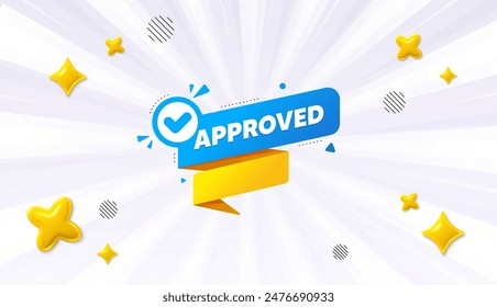 Offer sunburst ray banner. Approved paper banner. Permission quality tag. Check guarantee or warranty icon. Approved banner chat message. Speech bubble discount with stripes. Vector