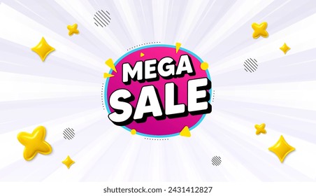 Ofrecer banner de rayo de sol. Mega burbuja de venta. Forma de banner de descuento. Icono de cupón. Mensaje de chat de megaventa. Descuento de burbuja de voz con rayas. Globo de texto reventado. Vector