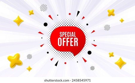 Ofrecer Anuncio de rayos solares. Etiqueta de oferta especial. Forma Anuncio descuento. Icono de burbuja de Cupón. Mensaje de chat de oferta especial. Descuento de burbuja de voz con rayas. Globo de texto reventado. Vector