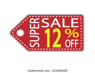 Offer tag. 12 percent off. Discount for big sale. Red, white and orange label