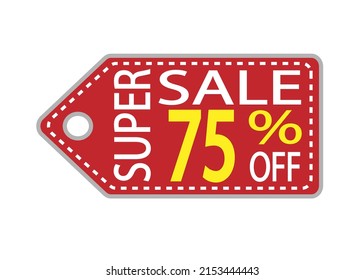 Offer tag. 75 percent off. Discount for big sale. Red, white and orange label