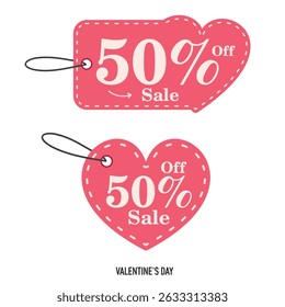Offer tag. Pink heart. Valentine's Day. Discount. 50% off. Sale.