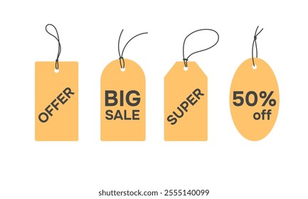 Offer tag set. Sale paper notes with rope. Special price illustration. Discount informational badges. Vector illustration 