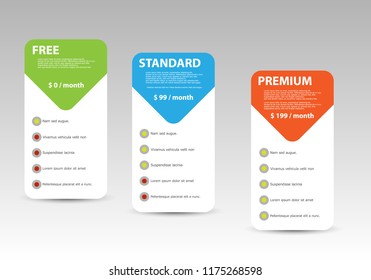 Offer of three price categories of products and services. Vector illustration cards.