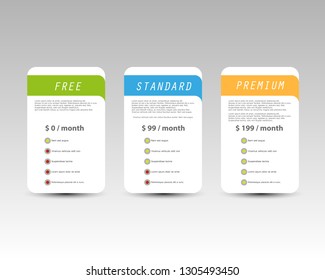 Offer of three price categories of products and services. Vector cards