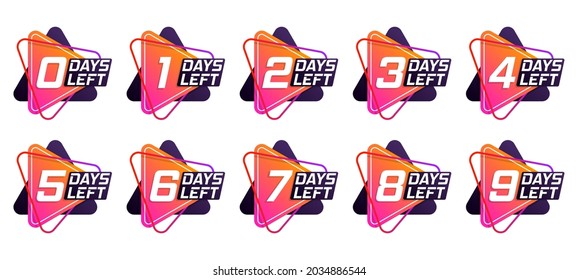 Offer timer, sticker limited to a few days. Countdown 1, 2, 3, 4, 5, 6, 7, 8, 9, days left label or emblem set. Collection badges sale, landing page, banner. Poster and flyer. Vector illustration.