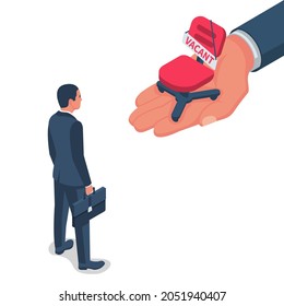 Oferta vacante. Concepto vacante. Empresario corriendo a un nuevo trabajo. Diseño plano vectorial. Carrera profesional. Silla vacía de la oficina sujeta con el cartel como símbolo de reclutamiento para el trabajo. Contratación de personal.