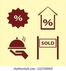 offer vector icons set. with sold house, discount tag, percent up and tray hand in set