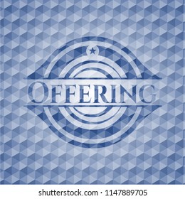 Offering blue emblem or badge with abstract geometric pattern background.