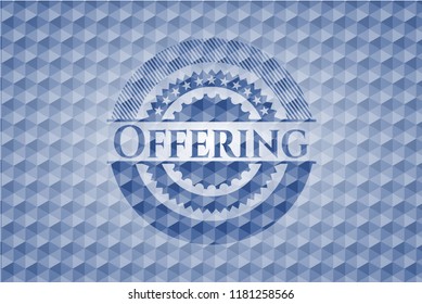 Offering blue emblem with geometric background.