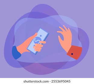 Offering bribe from corrupt character and rejecting businessman. Hands of people giving money and doing stop denial gesture to bribery flat vector illustration. Corruption, offense, payment concept