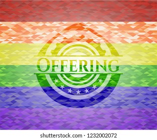 Offering emblem on mosaic background with the colors of the LGBT flag