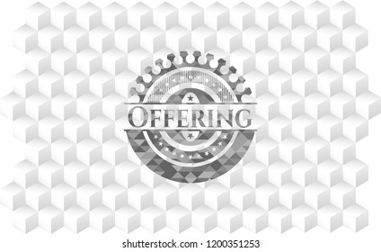 Offering grey emblem. Retro with geometric cube white background