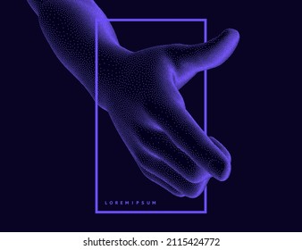 Offering handshake. Hand open and ready to help. Human arm giving. 3D vector illustration with stipple effect.