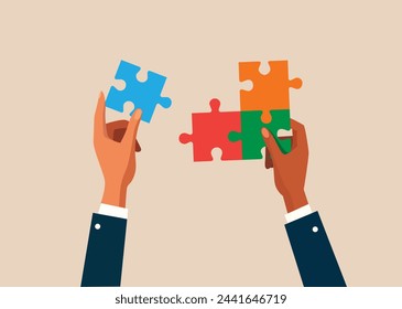 Offering help in solving a problem conceptual vector illustration. Putting pieces together, solving a puzzle. 