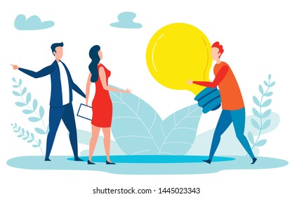 Offering Ideas Metaphor Flat Vector Illustration. Young Man Suggesting Startup Project to Potential Investors. Cartoon Manager Instructing Creative Worker. Lightbulb, Imagination, Invention Symbol