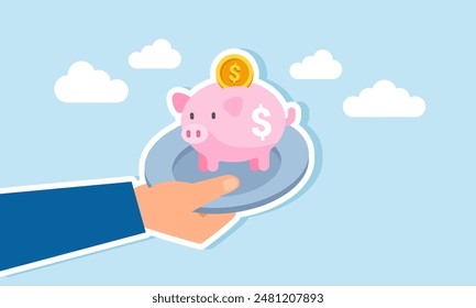 Offering investment and savings services: top wealth management, business loans, mutual funds, and financial solutions, concept of A professional businessman serves a precious piggy bank