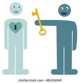 Offering key to locked heart.