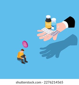 Offering medications to a guy have problems with mental health 3d isometric vector illustration concept for banner, website, landing page, ads, flyer template