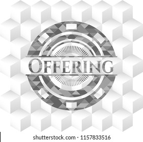 Offering retro style grey emblem with geometric cube white background