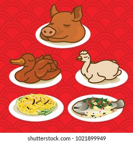 Offering Sacrifices On Chinese New Year, Food for Chinese new year festival.
pig's head , boiled chicken ,roasted duck and Steamed Fish vector