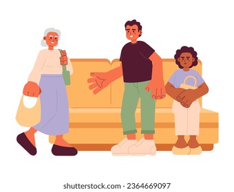 Offering seat to elderly on public transport cartoon flat illustration. Man giving up seat to senior citizen 2D characters isolated on white background. Priority seating scene vector color image