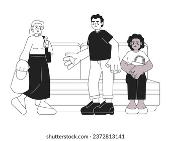 Offering seat to elderly on public transport black and white cartoon flat illustration. Man giving up seat to senior linear 2D characters isolated. Priority seating monochromatic scene vector image