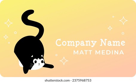 Offering services, company name and owners information. Card or typography with cute kitten playing, stars or sparkling. Business or visiting card, advertisement or branding. Vector in flat style