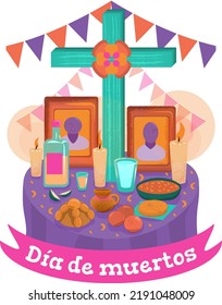 Vector del Día de los Muertos, con elementos mayas tradicionales como el pib y la cruz verde. La tradición mexicana. En texto: Día de los muertos.