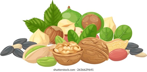 Offering a vibrant assortment of nuts and seeds, featuring walnuts, hazelnuts, pistachios, and more, creating a colorful and nutritious mix that supports a balanced diet