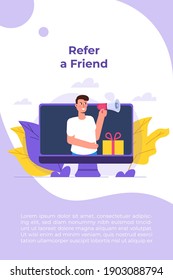 Offers referral gifts, online reward, digital referral program concept. Gift box vector illustration.