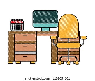 offfice desk computer calendar and chair