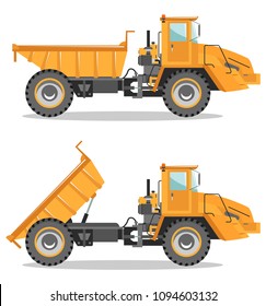 Off-highway truck with different body position. Heavy mining machine and construction equipment. Vector illustration.