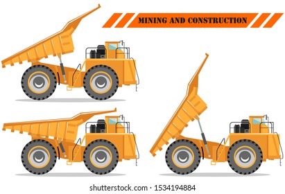 Off-highway truck with different body position. Heavy mining machine and construction equipment. Vector illustration.