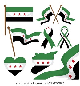 Offical Syrian Revolution Flag Set – Patriotic Symbols and Designs with Ribbons and Heart Shapes - Flag of Syria