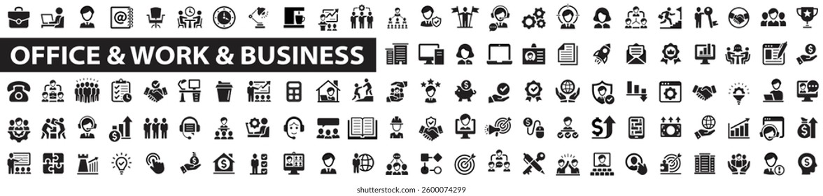 Office 110 icon set. Work flat icons. Business icon collection. Office signs. Workspace, coworking, teamwork, strategy, team, workers, presentation and more. Vector illustration