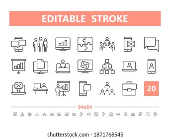 Office 20 line icons. Vector illustration in line style. Editable Stroke, 64x64, 256x256, Pixel Perfect.