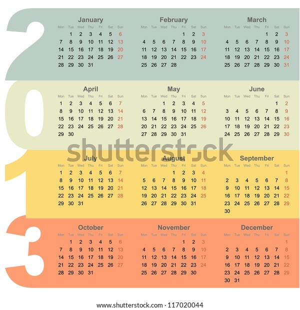 Office 2013 Year Calendar Colorful Design Stock Vector (Royalty Free ...