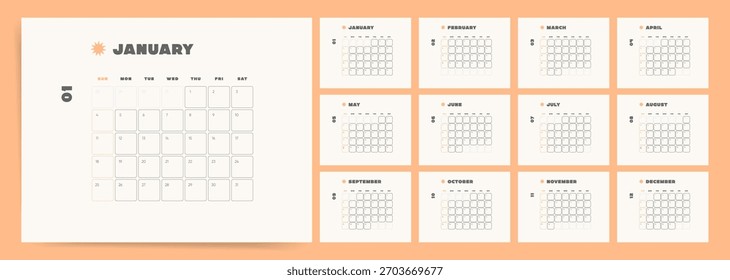 Office 2026-Kalender, gerundetes Feld 2026-Kalenderlayout. Minimaler Wandtagebuch-Planer mit Eckdaten und Sonntagsstart.