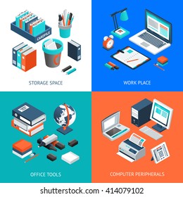 Office 2x2 isometric design concept set with storage space work place office tools and computer peripherals on colorful backgrounds isolated vector illustration 