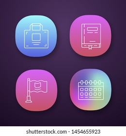 Office accessories app icons set. UI/UX user interface. Web or mobile applications. Business supplies vector isolated illustrations. Working notepad, calendar, businessman briefcase and small flag