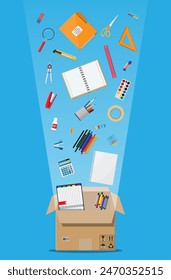 Office accessories in cardboard box. Book, notebook, ruler, knife, folder, pencil, pen, calculator scissors paint tape file. Office supply stationery and education. Vector illustration flat style