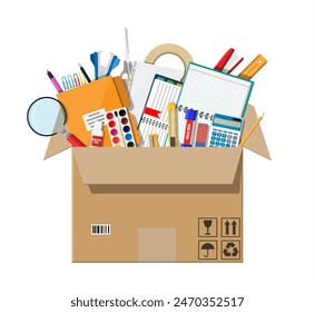 Office accessories in cardboard box. Book, notebook, ruler, knife, folder, pencil, pen, calculator scissors paint tape file. Office supply stationery and education. Vector illustration flat style