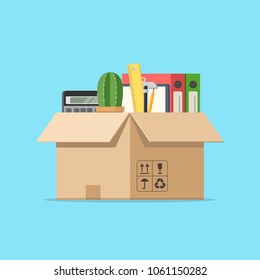 Office Accessories In A Cardboard Box. Cactus, Calculator, Folders And Stationery. Moving Into A New Office. Vector Illustration In Trendy Flat Style On Blue Background