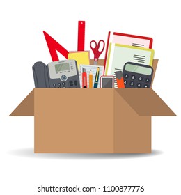 Office accessories in a cardboard box isolated on a white background. There is a phone, a calculator, folders, scissors, ruler, pen, marker and other stationery in the picture. Vector illustration.