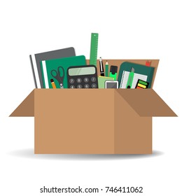Office accessories in a cardboard box isolated on a white background. There is a calculator, folders, scissors, a ruler, a pen, a marker and other stationery in the picture. Vector illustration