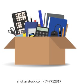 Office accessories in a cardboard box isolated on a white background. There is a keyboard, a calculator, folders, scissors, a ruler, a marker and other stationery in the picture. Vector illustration