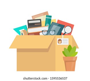 Office accessories in cardboard box. Working stuff, documents, plant, photo frame, calculator, glasses. Moving into a new office. Flat style vector illustration.